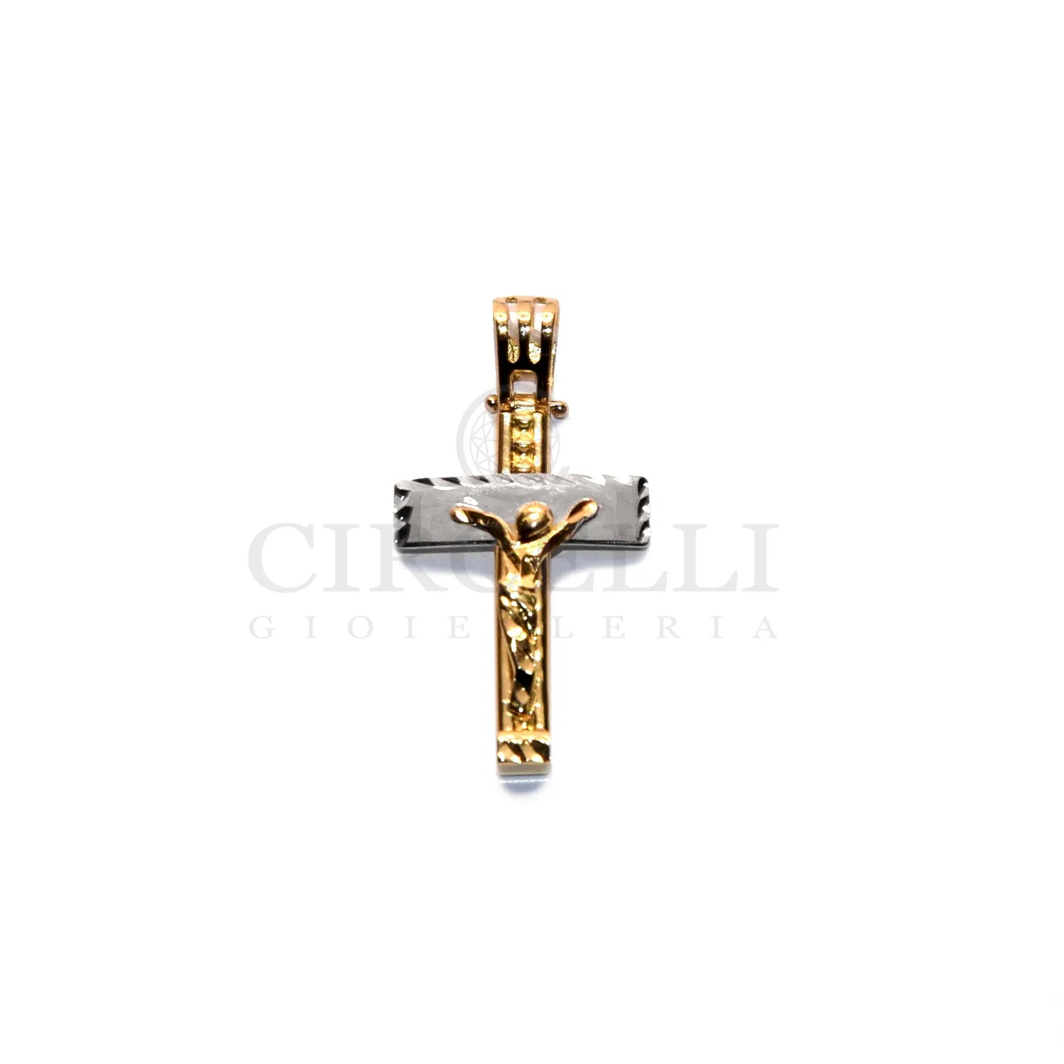 Croce bicolore con cristo oro 18k