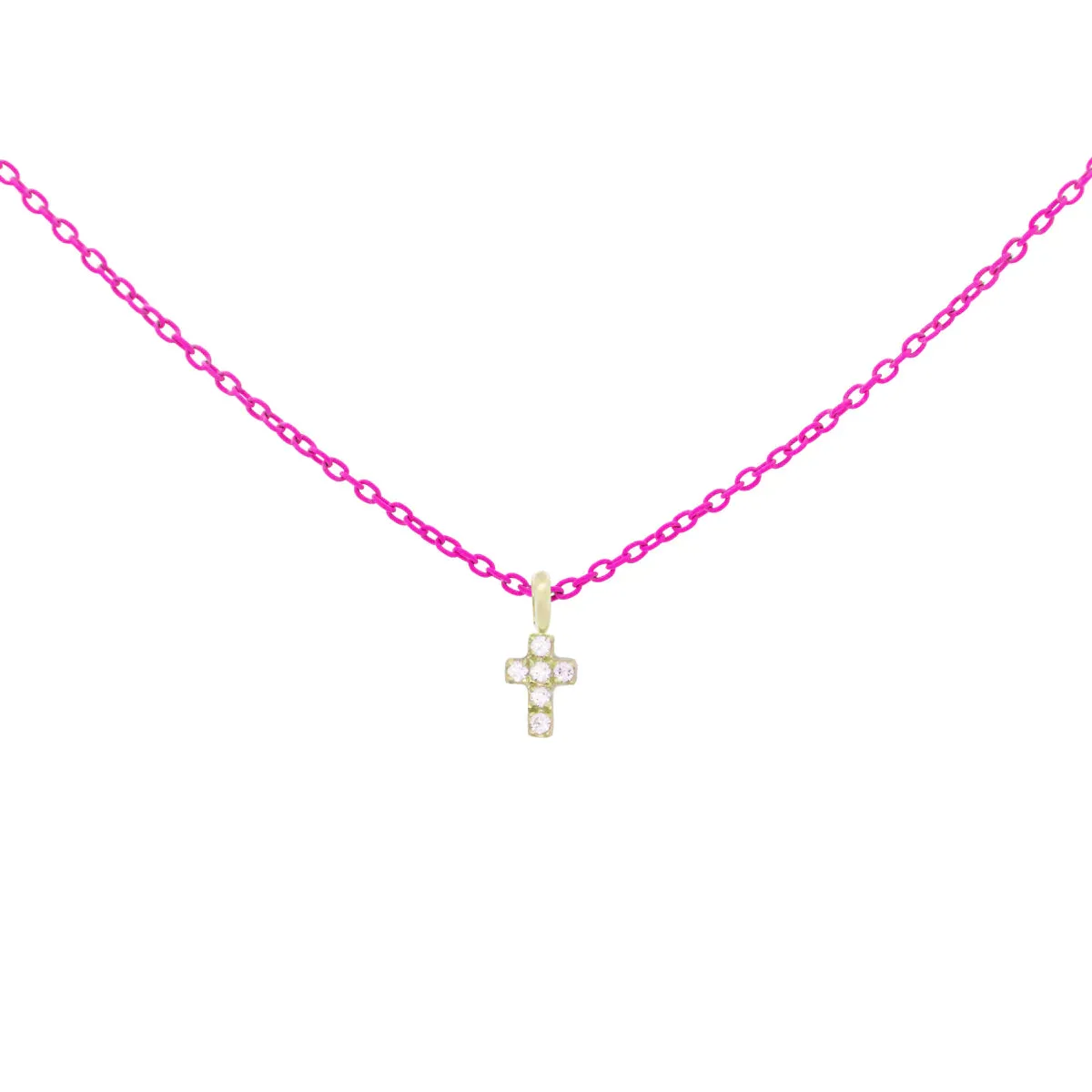 GIROCOLLO CROCE FUCSIA FLUO E DIAMANTI LAB GROWN - ORO18KT