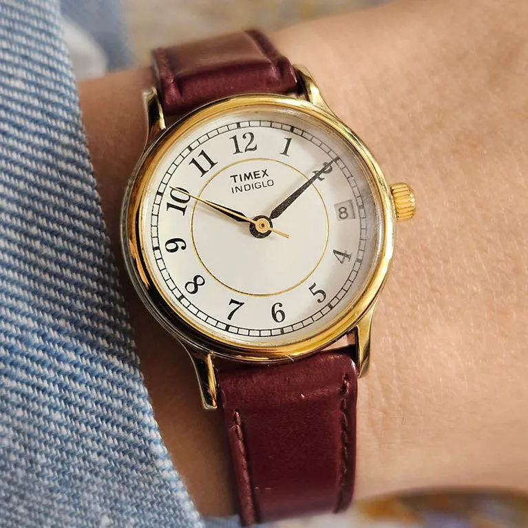 Retrò Timex Data indiglo orologio per donne tono d'oro con cinturino marrone