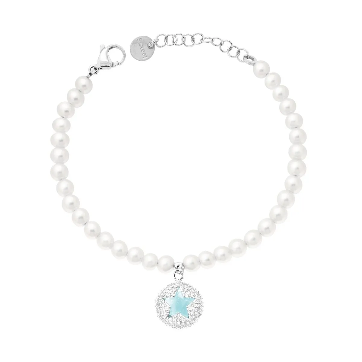 Women's Bracelet with Pearls and Aquamarine Crystal Star
