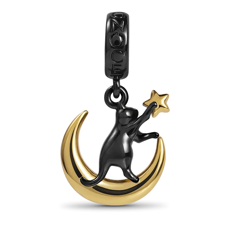 Charm Ciondolo "Gatto che coglie la stella sulla luna" in Argento S925 Placcato Oro 18K