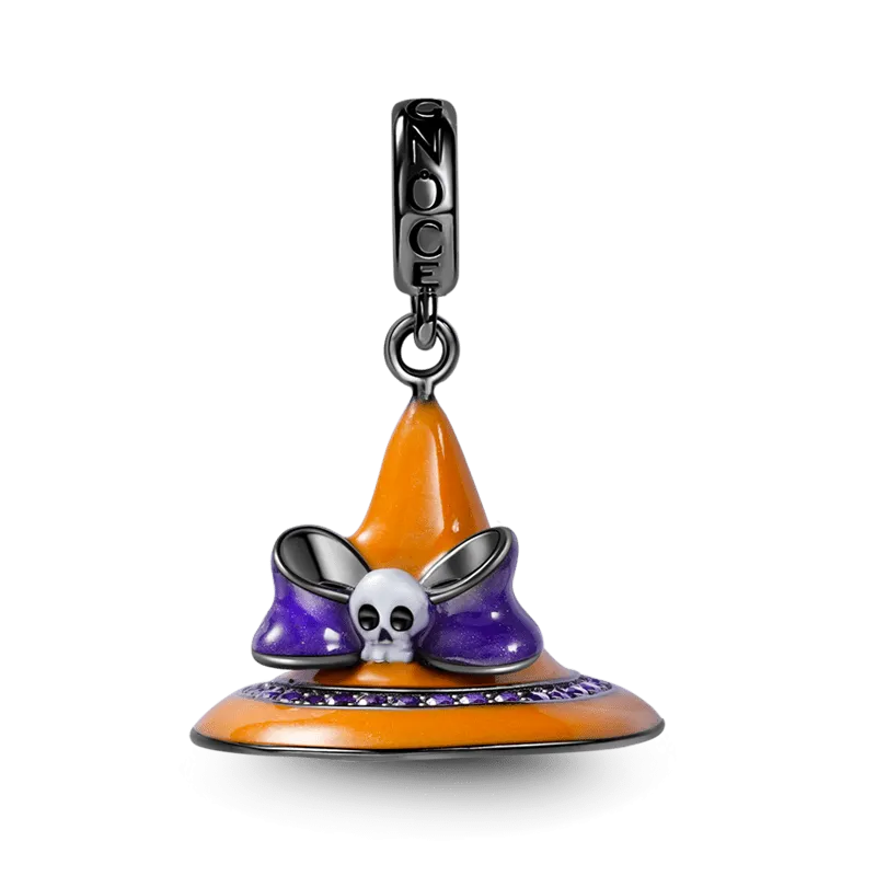 Charm Ciondolo Cappello Magico di Halloween con Fiocco e Teschio in Argento S925