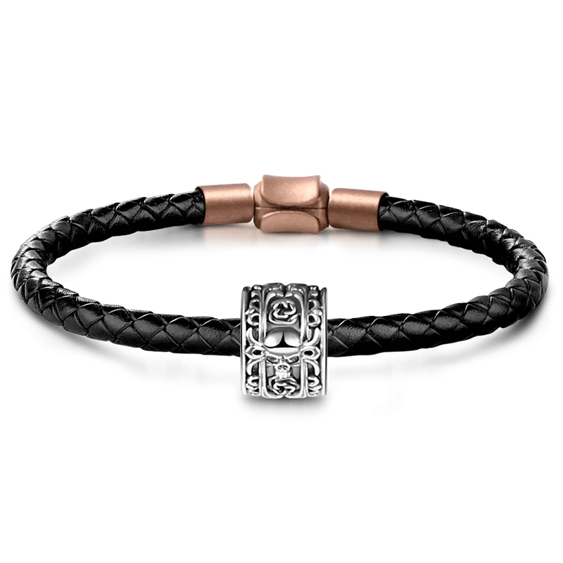 Bracciale di Pelle per Uomo con Charm Teschio e Rosa in Argento