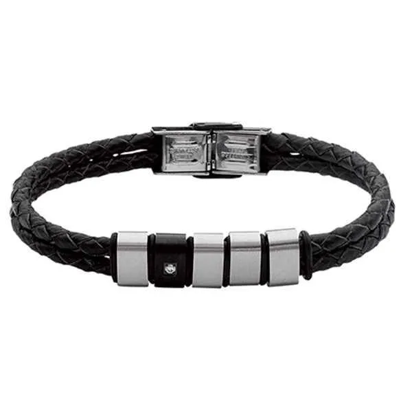Bracciale a filo doppio di cuoio nero, acciaio e Pvd con zircone