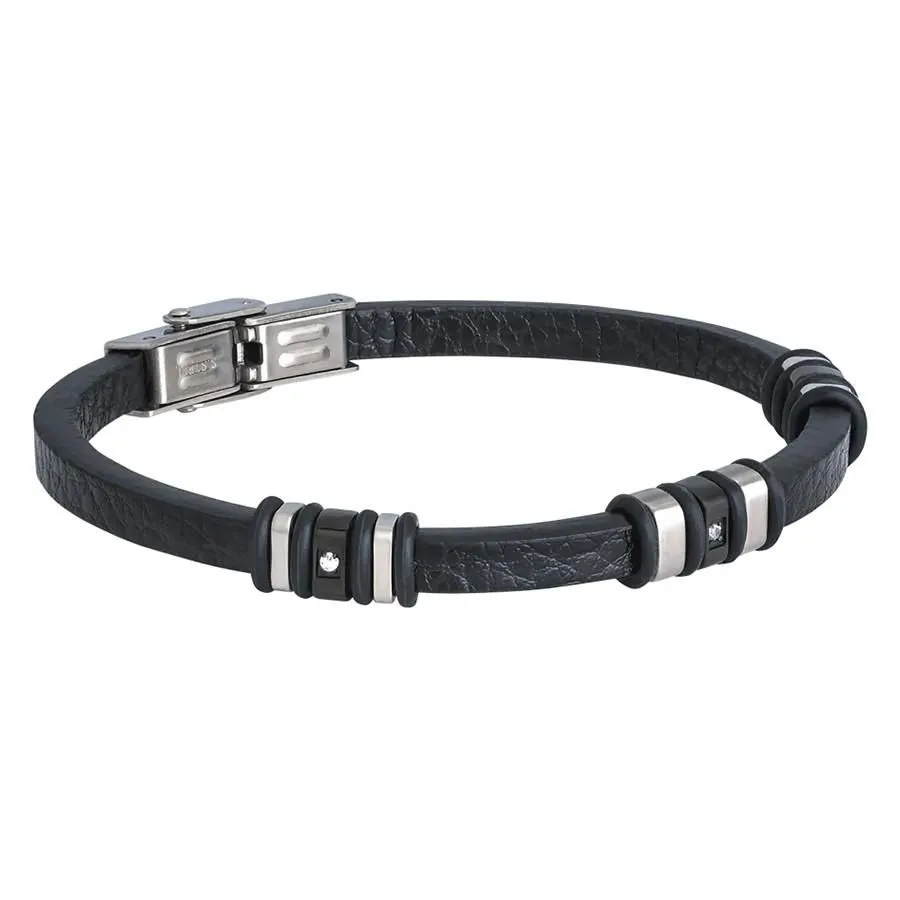 Bracciale in pelle nera con inserti in acciaio e zirconi
