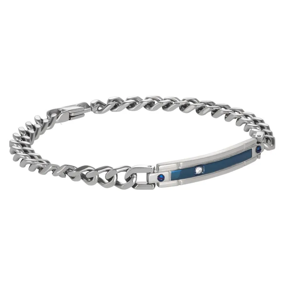Bracciale a maglia curva in acciaio, Pvd blu e zirconi