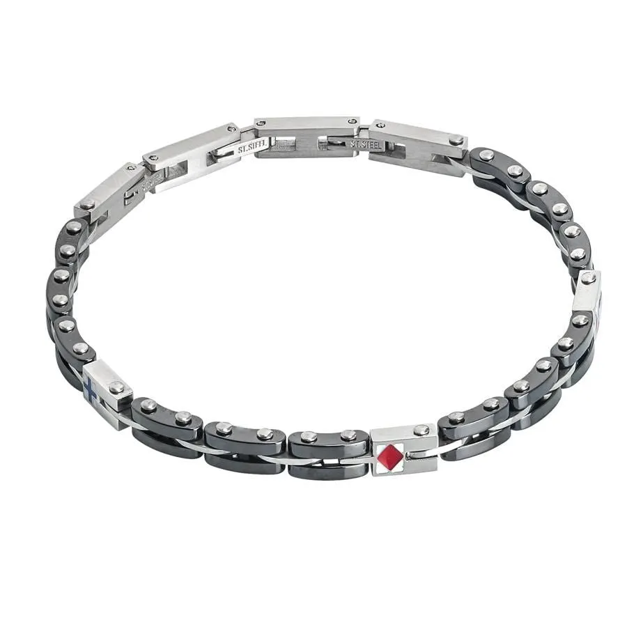 Bracciale modulare in acciaio, Pvd nero e smalto rosso