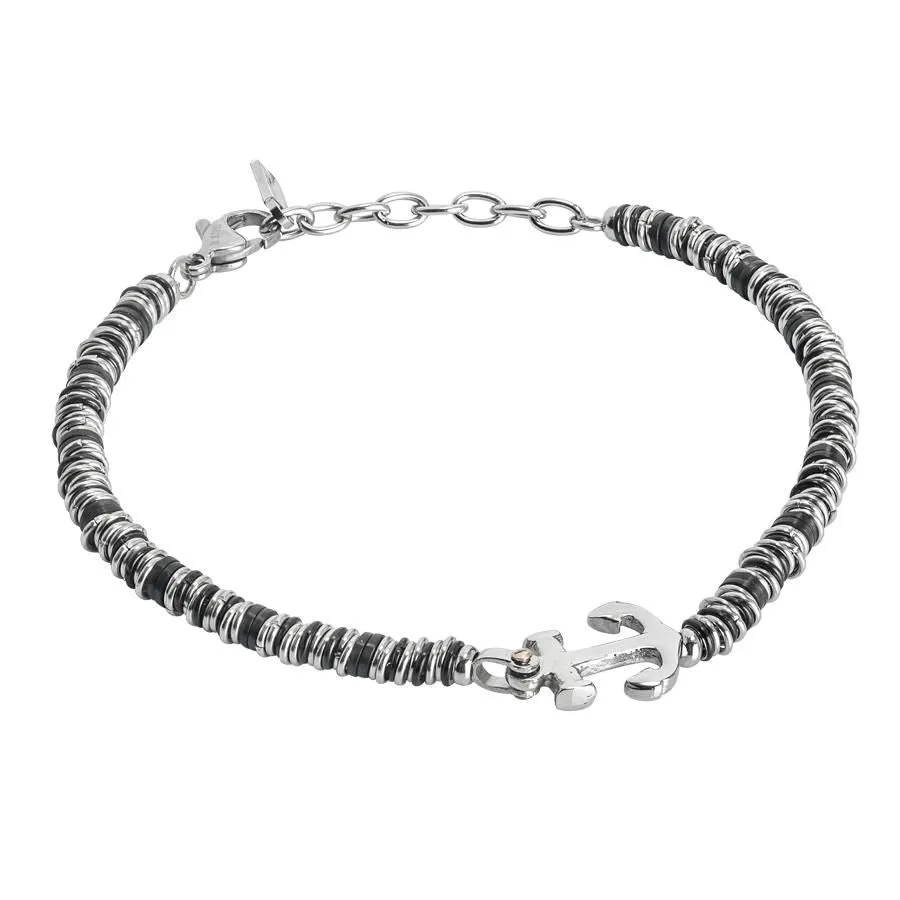 Bracciale morbido con ancora e rondelle nere e rodiate