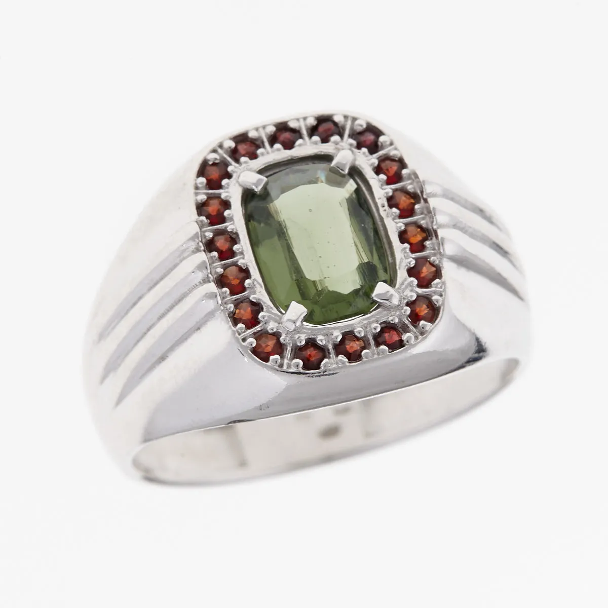 Anello da uomo in Argento con Moldavite e Granati 3103 Codice catalogo