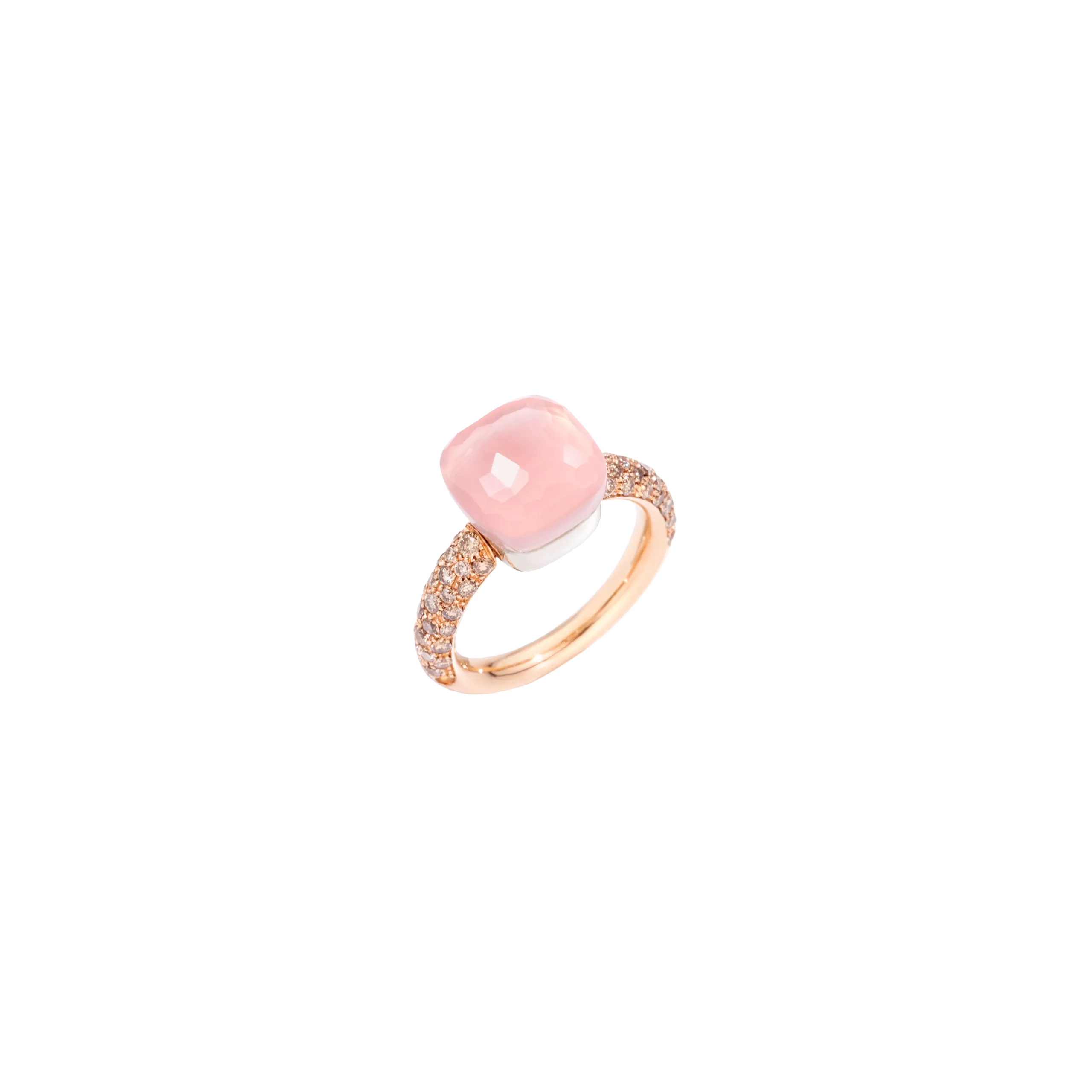 POMELLATO NUDO - ANELLO NUDO CLASSIC CON DIAMANTI, IN ORO ROSA  CON CASTONE IN ORO BIANCO , QUARZO ROSA, CALCEDONIO SFACCETTATO E DIAMANTI BROWN - A.C004BRO6/QR - PAC0040O7000BRCQR