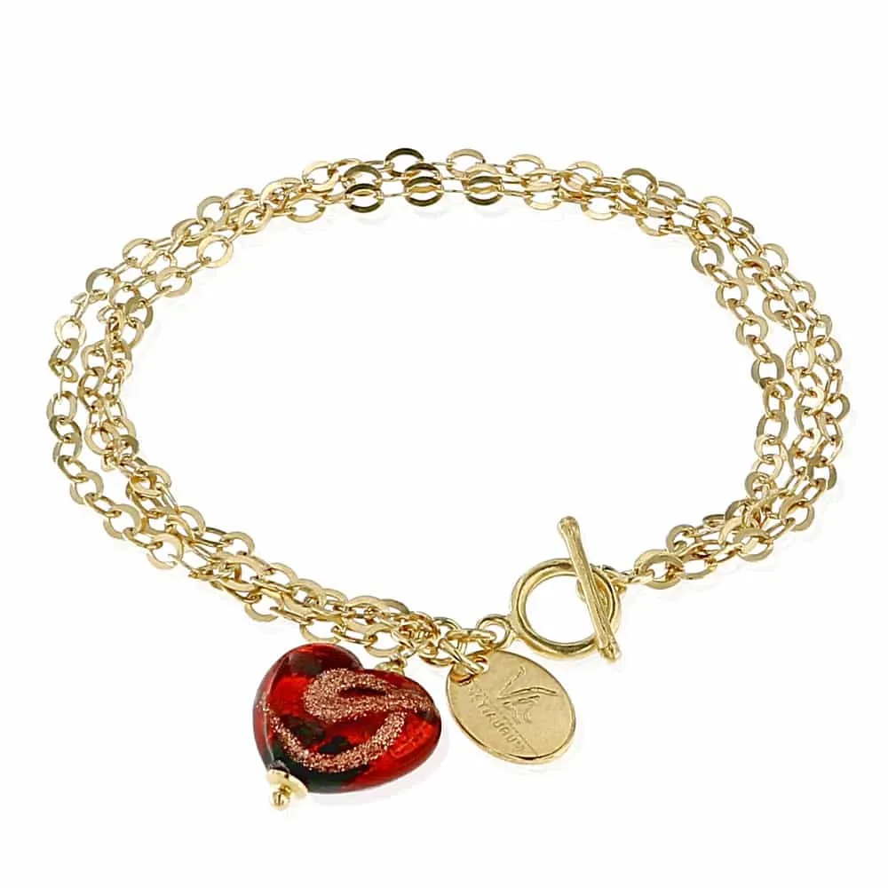 Bracciale Catena Dorata e Cuore Rosso in Vetro di Murano