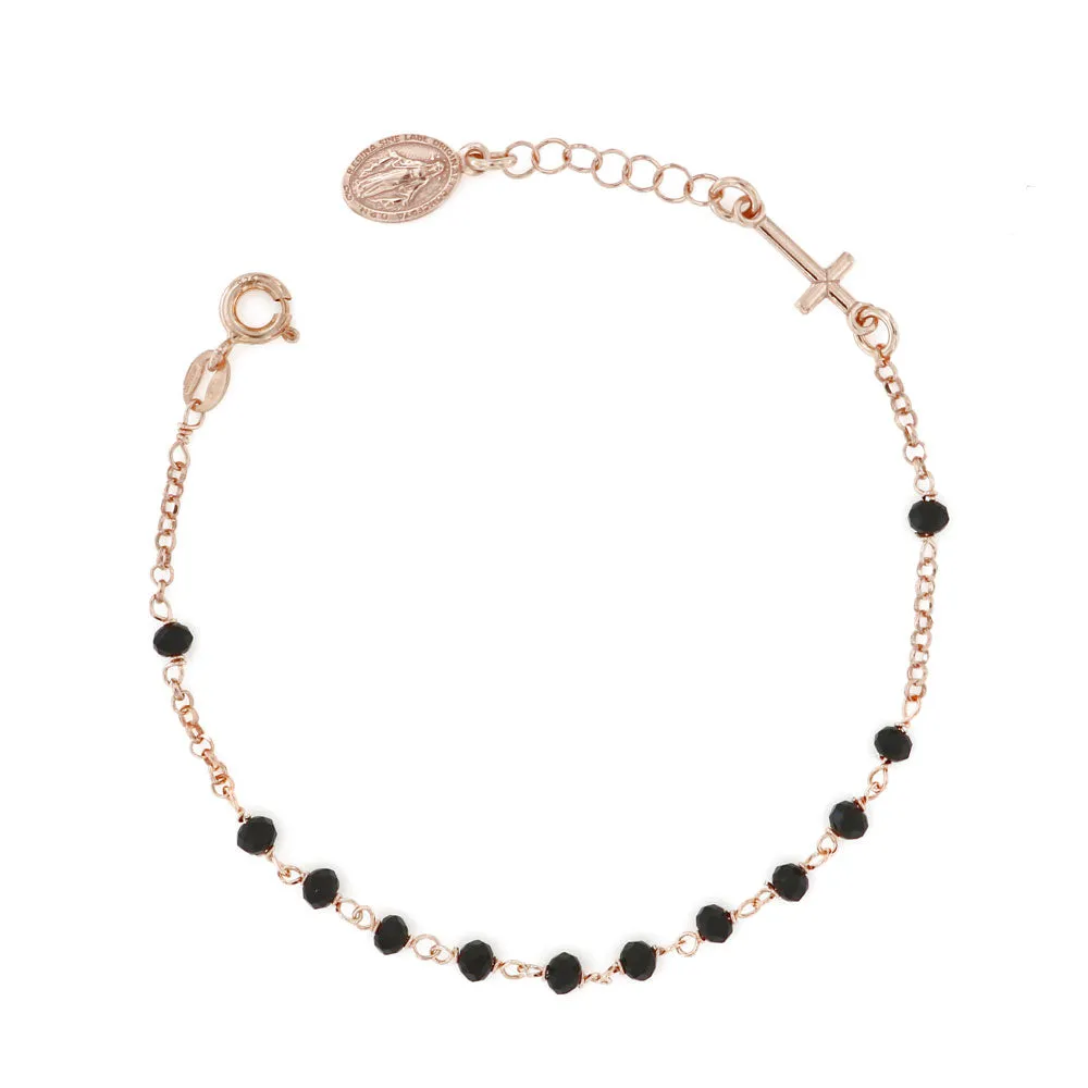Bracciale Rosario grani neri in argento placcato oro rosa