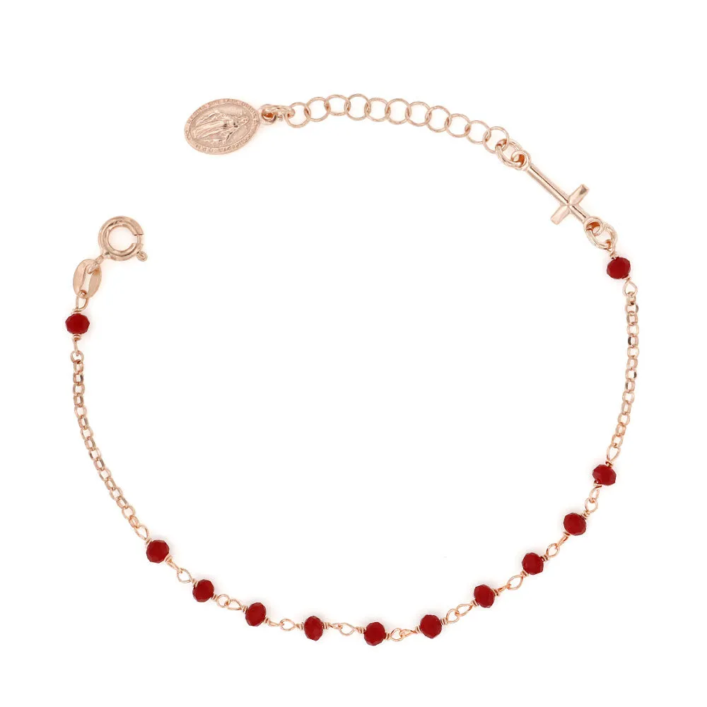 Bracciale Rosario In Argento 925 rosè e Pietre ROSSE con Croce e Madonna