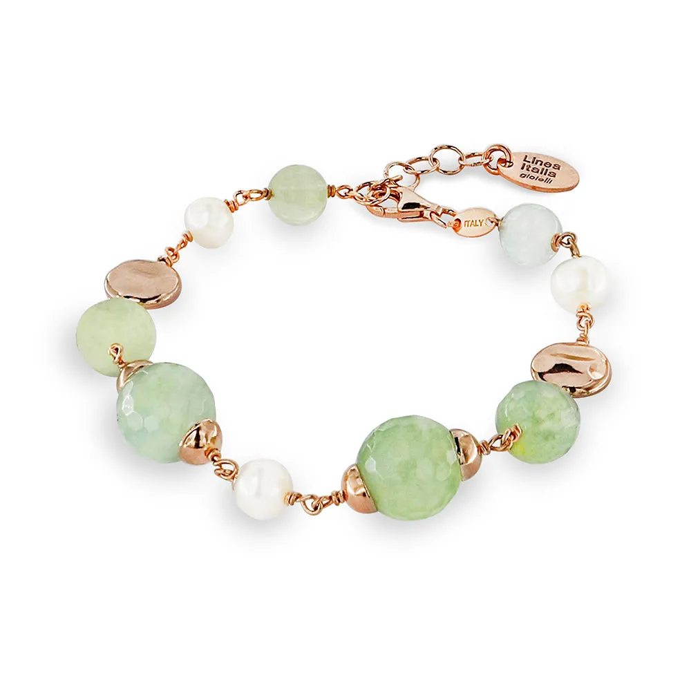 Bracciale con Pietre in Prehnite Verde e Perle Bianche in Argento Rosé