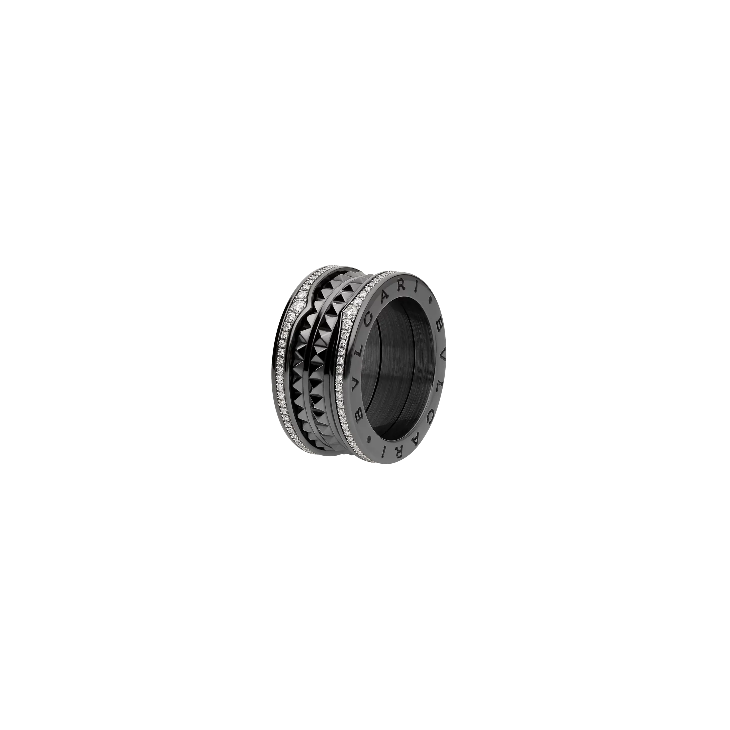 ANELLO B.ZERO1 ROCK A 4 FASCE IN CERAMICA NERA CON PAVÉ DI DIAMANTI E SPIRALE CON BORCHIE - AN859390