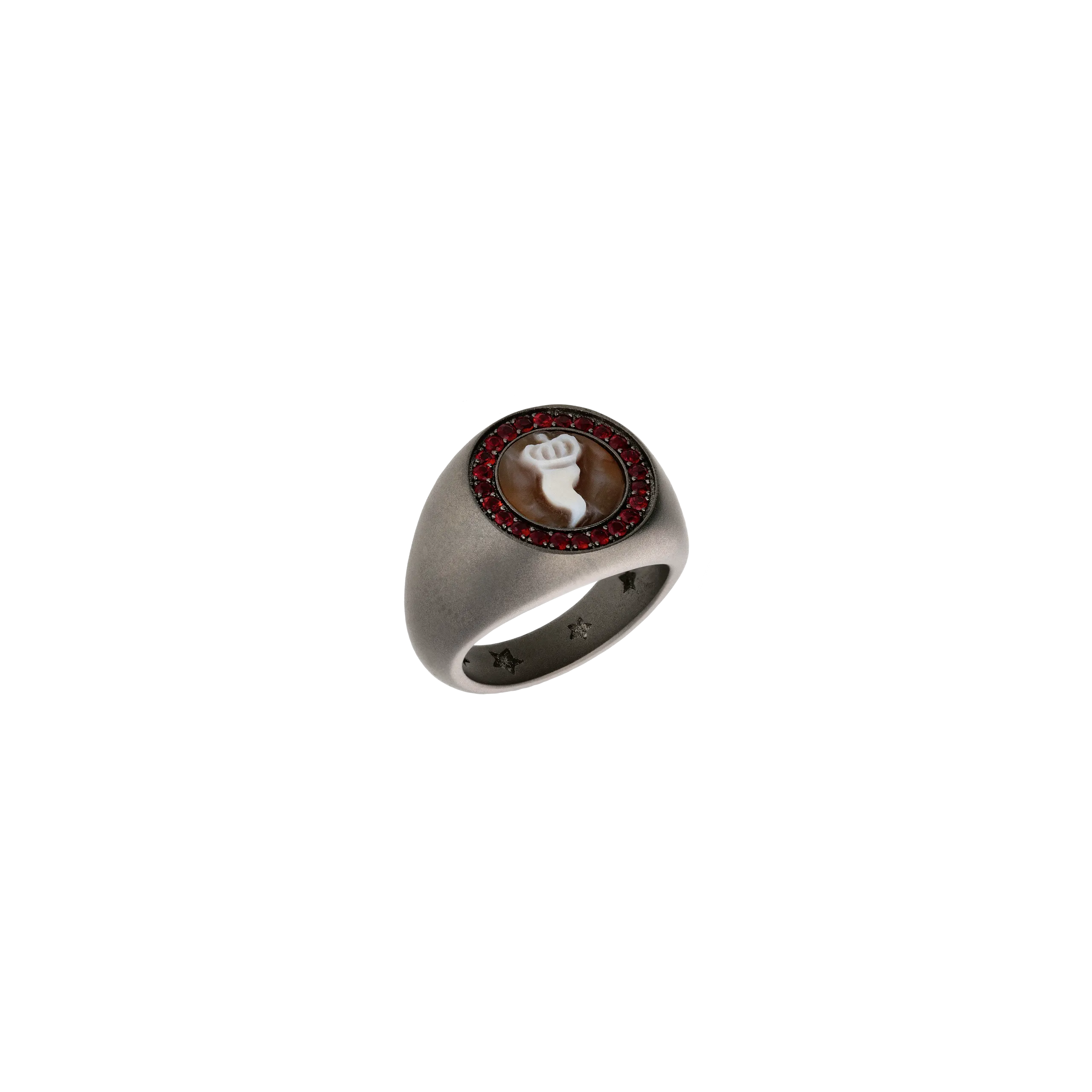 ANELLO CHEVALIER IN TITANIO SABBIATO CON RUBINI E CAMMEO CORNETTO - SAN5LRUB