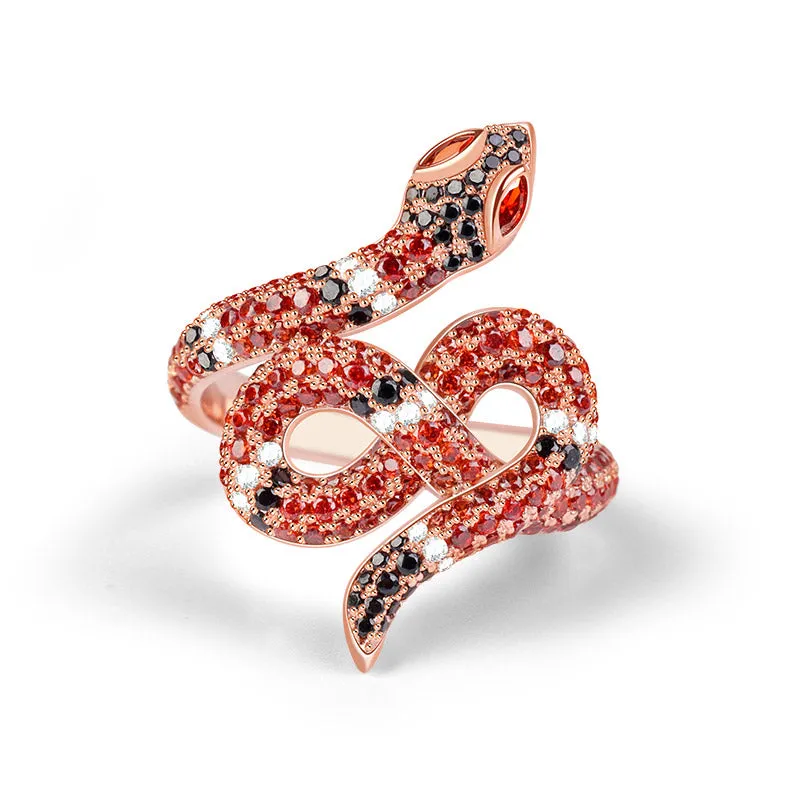 Gnoce "Rinascita" Anello Serpente in Argento S925 Placcato Oro Rosa Con Pietre Rosse e Nere