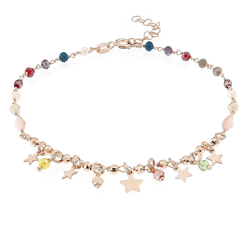 Cavigliera in Argento Rosé con Stelline e Pietre Colorate