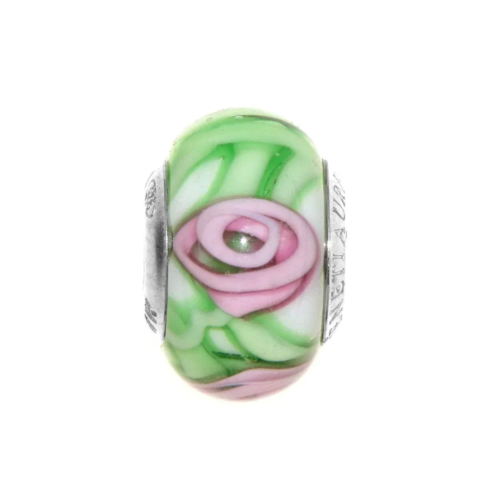 Charm in vetro di Murano Verde e disegni Rosa