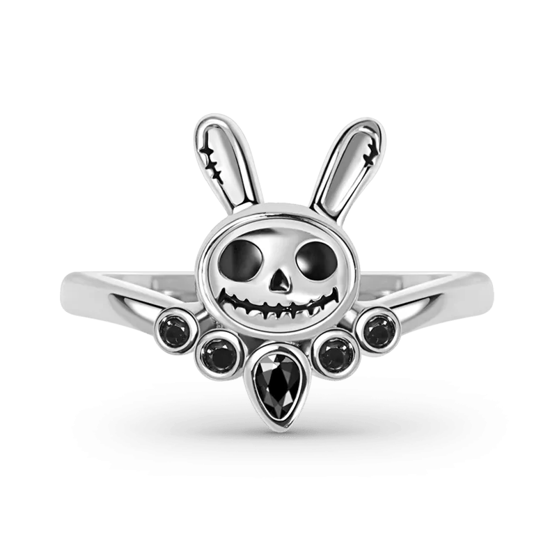 Anello a V Coniglio Punk in Argento S925 con Pietre Nere