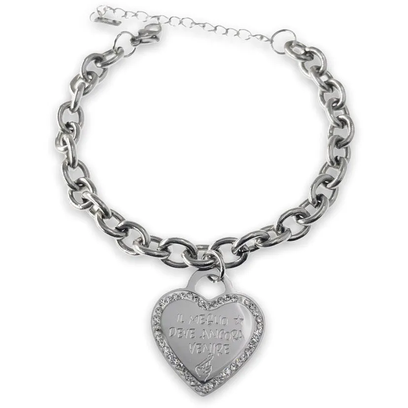 Bracciale a cuore con strass in acciaio inossidabile " Il meglio deve ancora venire"