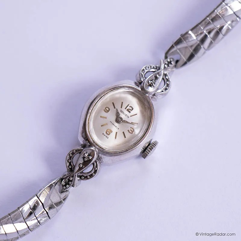 Tono d'argento vintage Gruen 17 Gioielli Ladies Watch | Orologio abito delicato