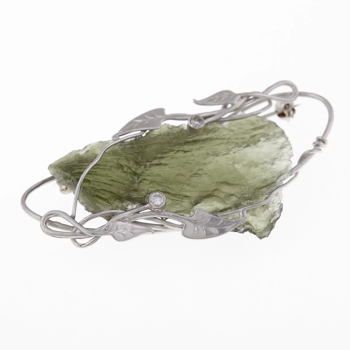 Spilla in argento con Moldavite naturale e zirconi 7562