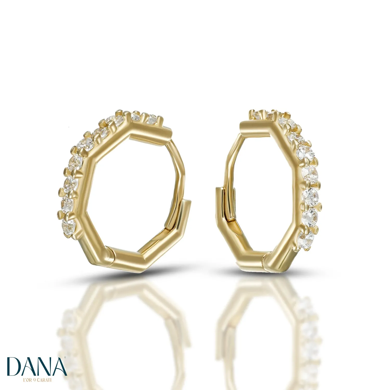 Orecchini cerchi esagonali pavè oro 9 carati DANA L'OR 9 CARATI
