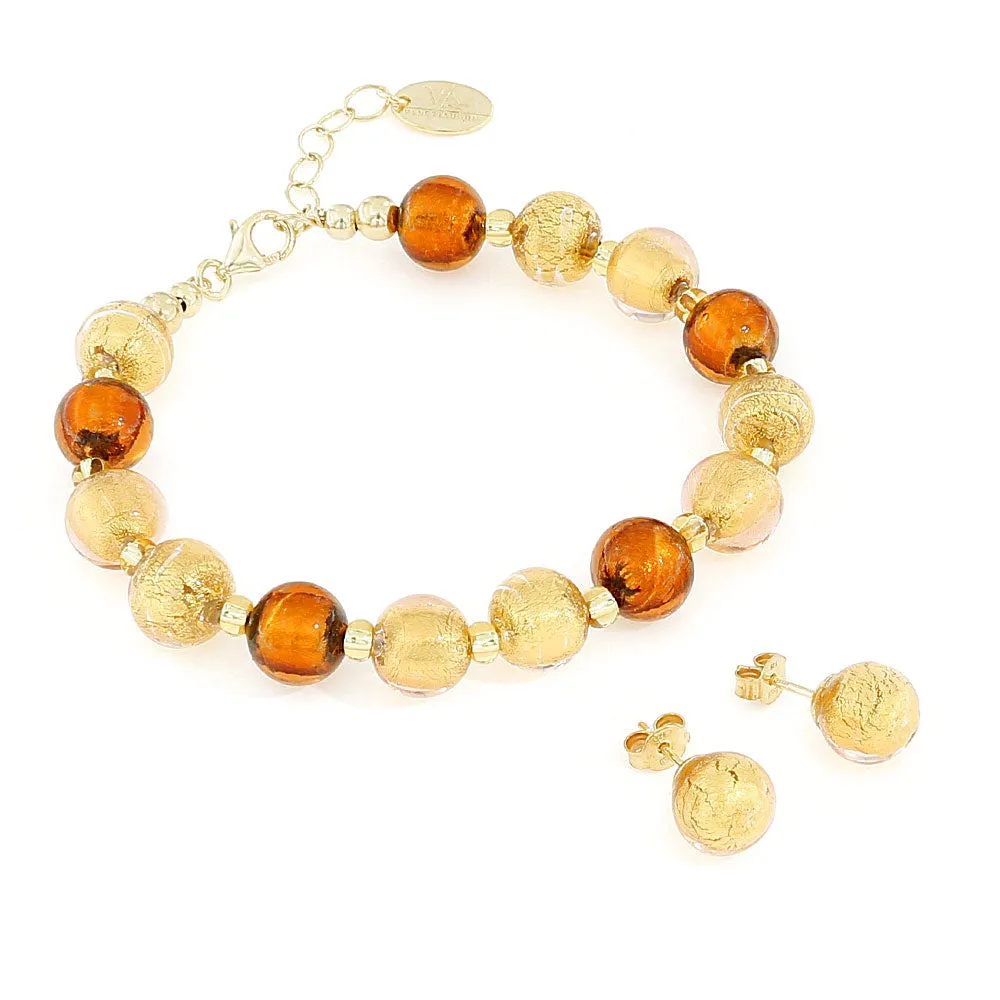 Parure Bracciale e Orecchini Dorati in Vetro Originale di Murano