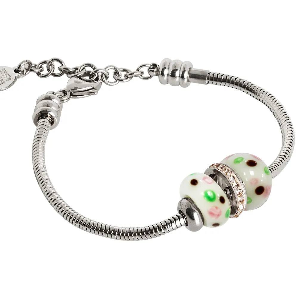 Bracciale morbido con murrine grigie e strass