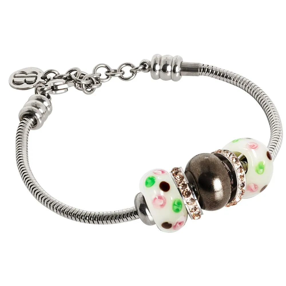 Bracciale morbido con passante in ceramica marrone, murrine e strass
