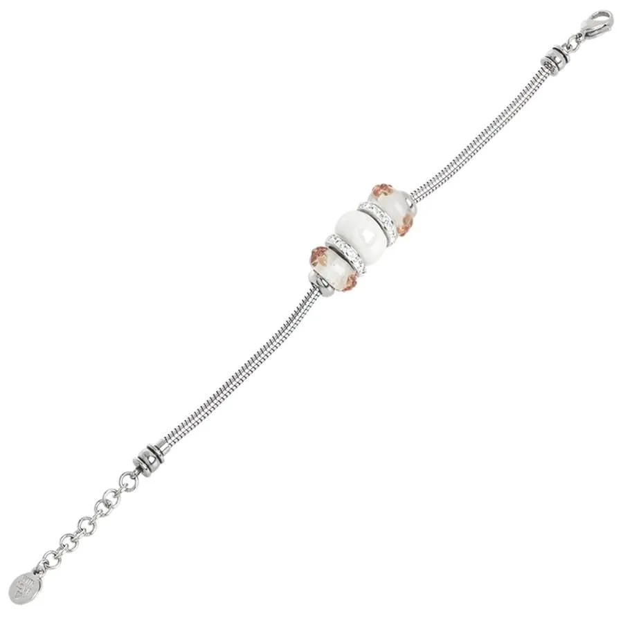 Bracciale morbido con passante in ceramica bianca, murrine e strass