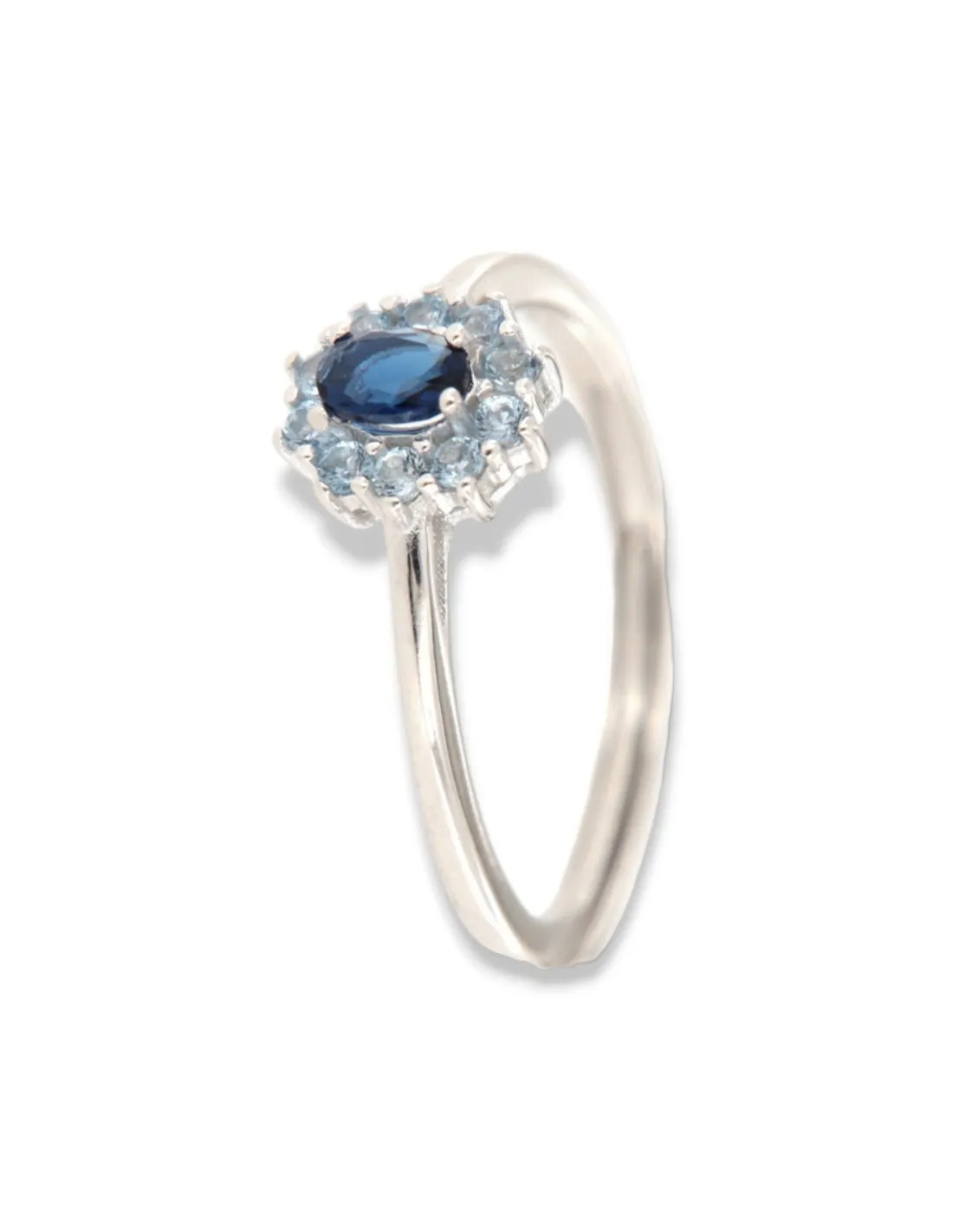Anello Argento Rodiato Principessa Blu Zirconi Laterali Blu
