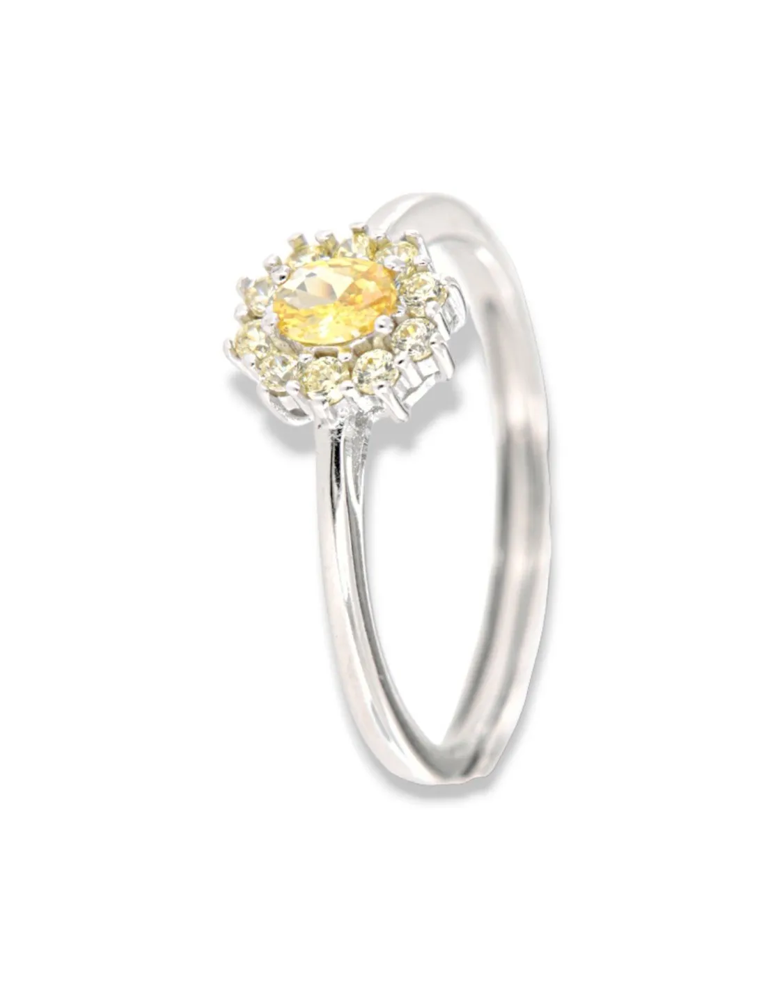 Anello Argento Rodiato Principessa Gialla Zirconi Laterali Gialli