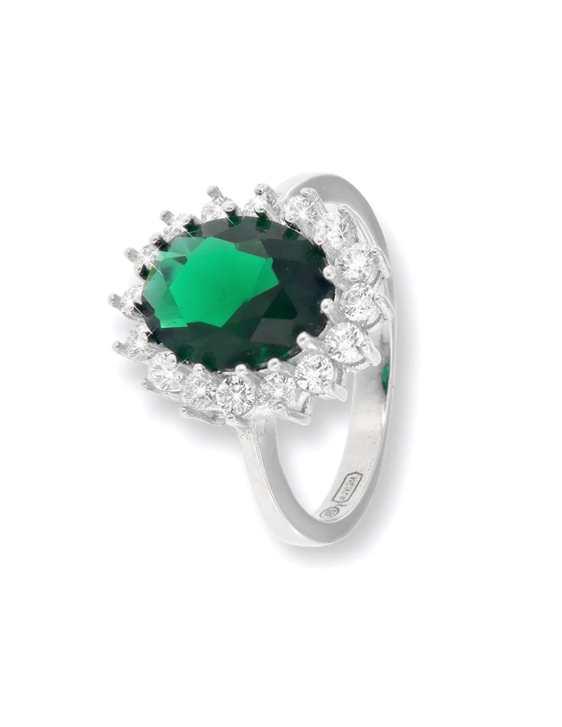 Anello Argento Rodiato Principessa Verde 10x8MM