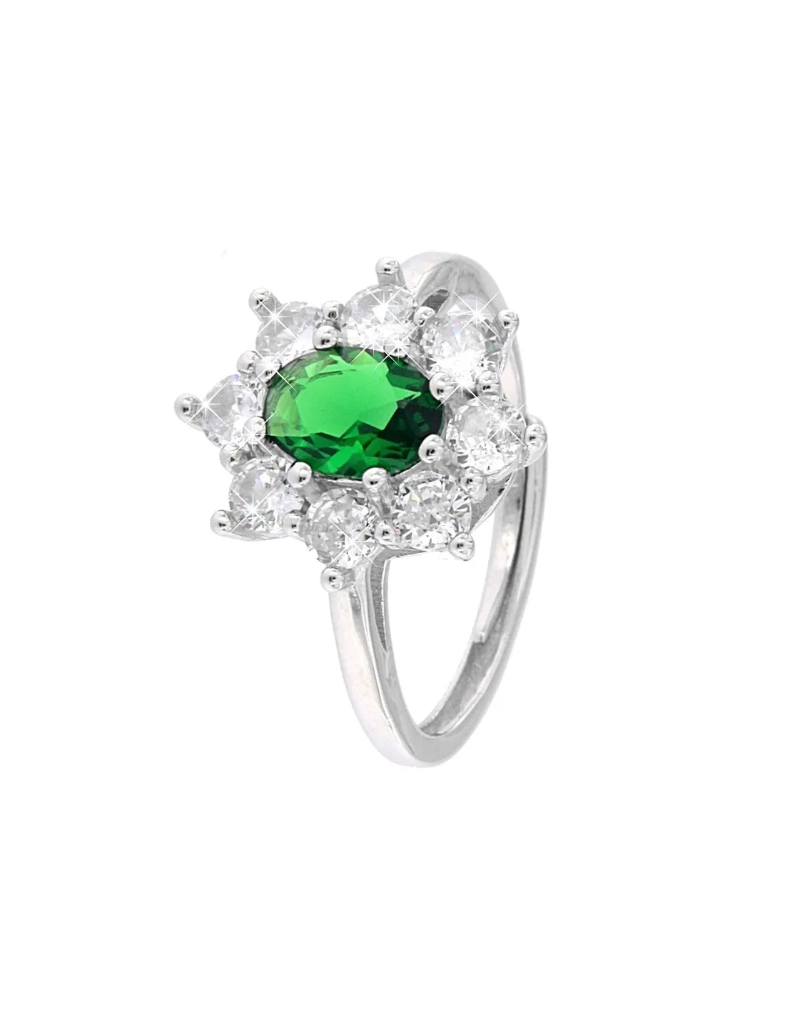 Anello Argento Rodiato Principessa Verde 7X5MM