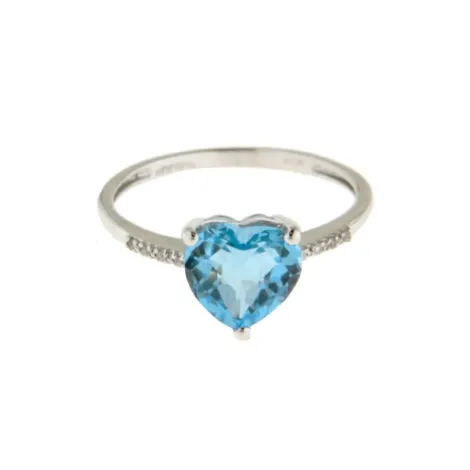 Anello Cuore Oro Bianco 9kt Diamanti Topazio Azzurro