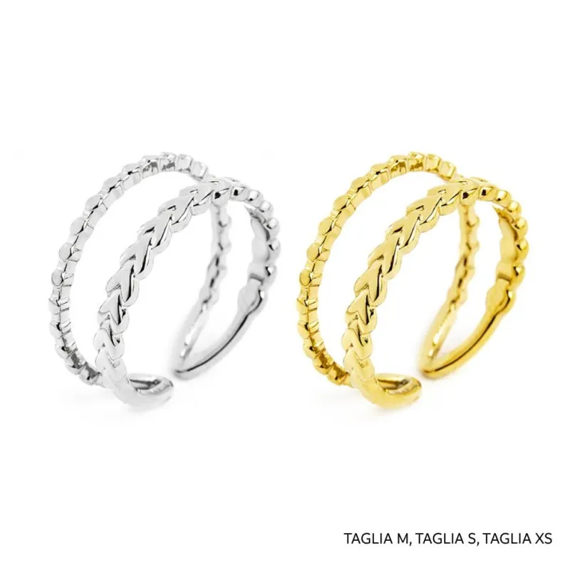 Anello doppia fascia trama puntinata e chevron