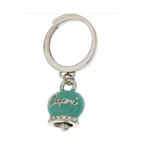 Anello in Metallo con campanella portafortuna color verde acqua, con scritta Capri a rilievo e cristalli bianchi