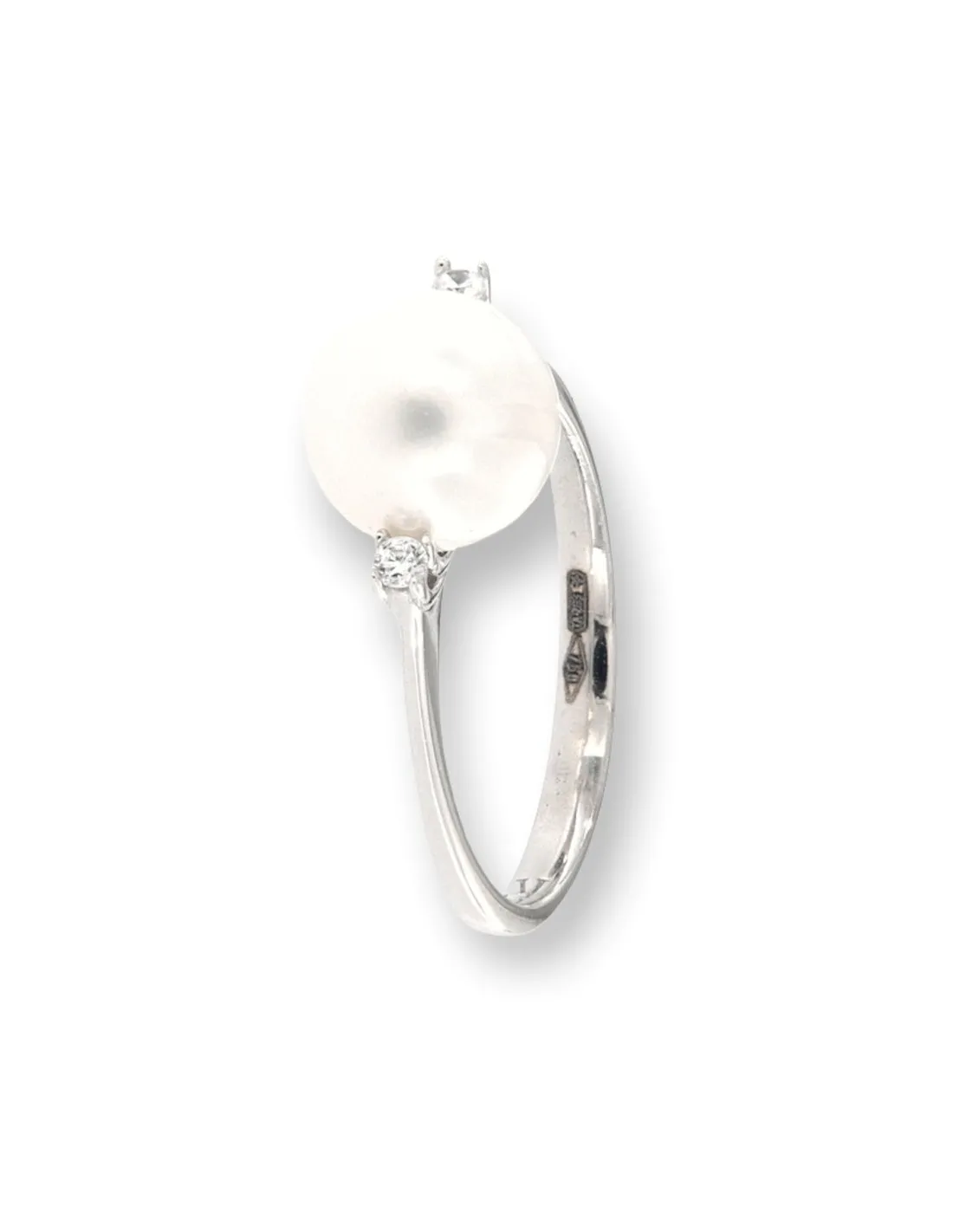 Anello Oro Bianco Perla Liscia Coppia Zirconi Bia.