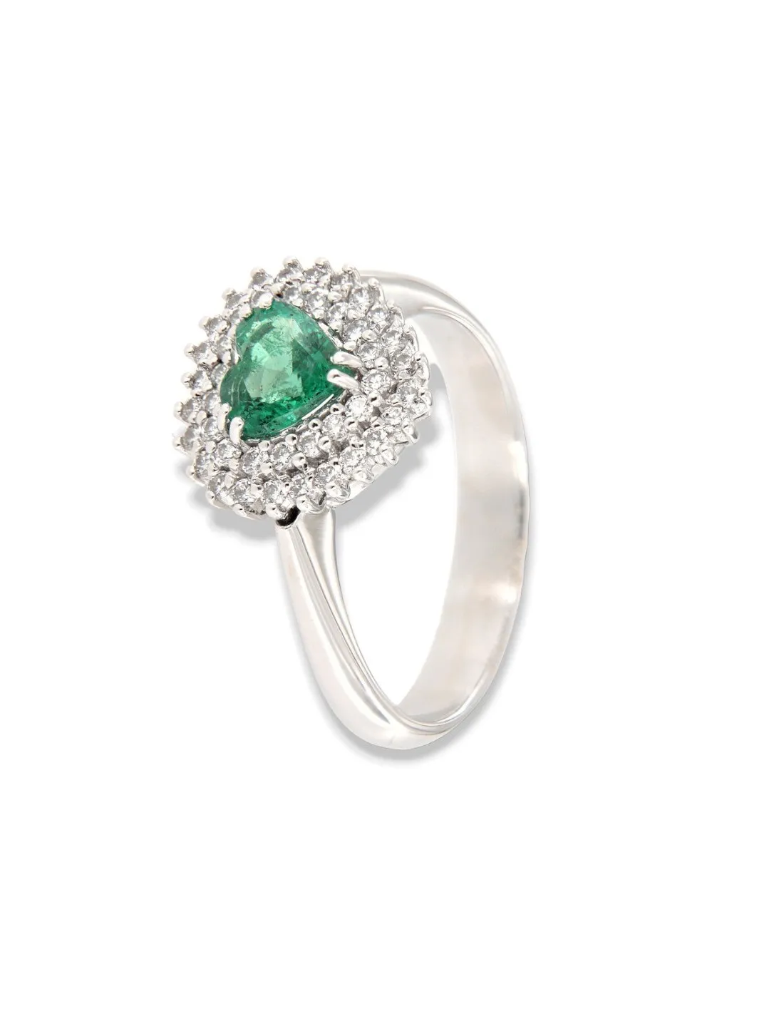 Anello Oro Bianco Principessa Smeraldo 6X6 Taglio Cuore 0,67 Carati e Diamanti 0,34 carati