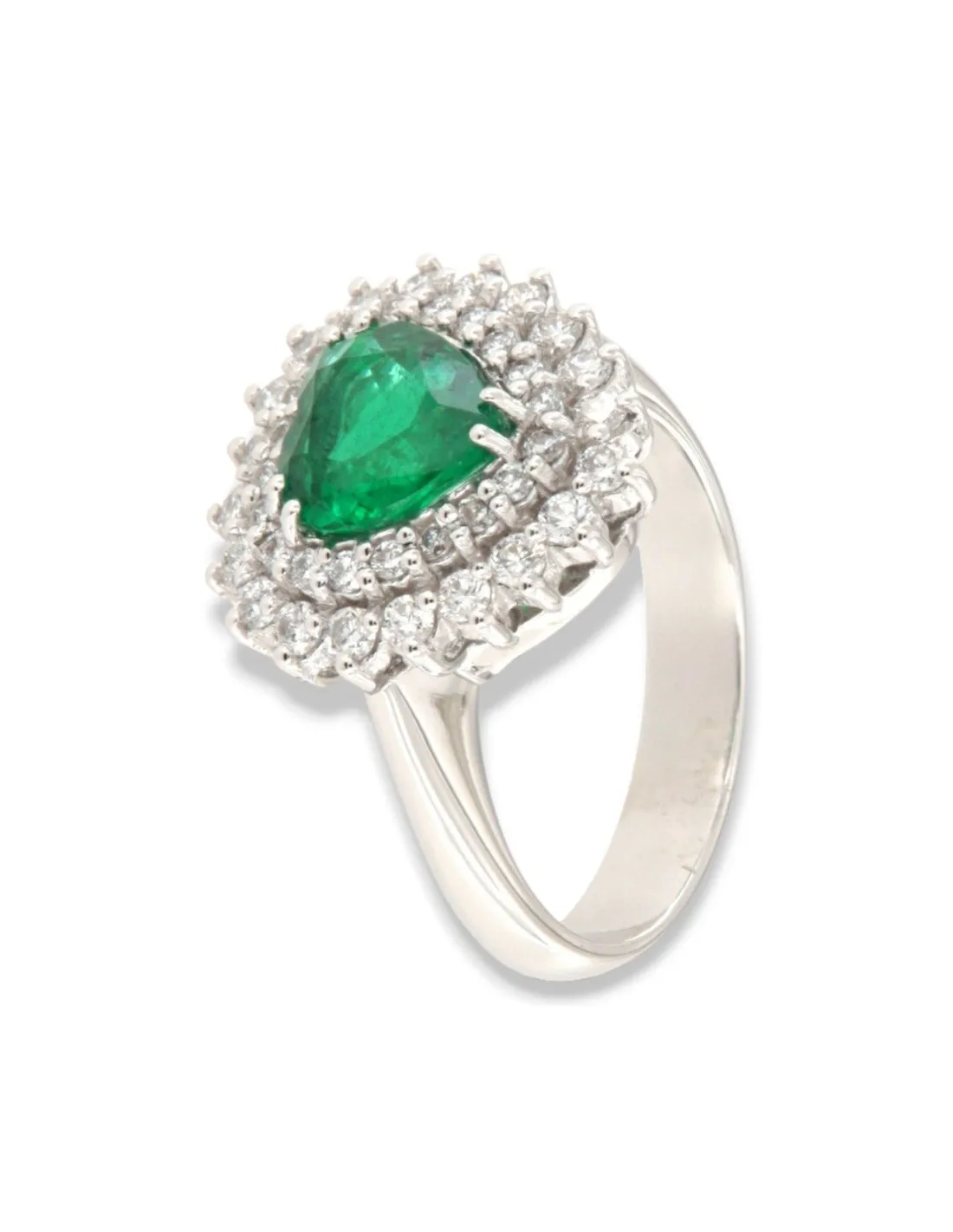 Anello Oro Bianco Principessa Smeraldo 7,5X7,5 Taglio Cuore 1,36 Carati e Diamanti 0,60 carati