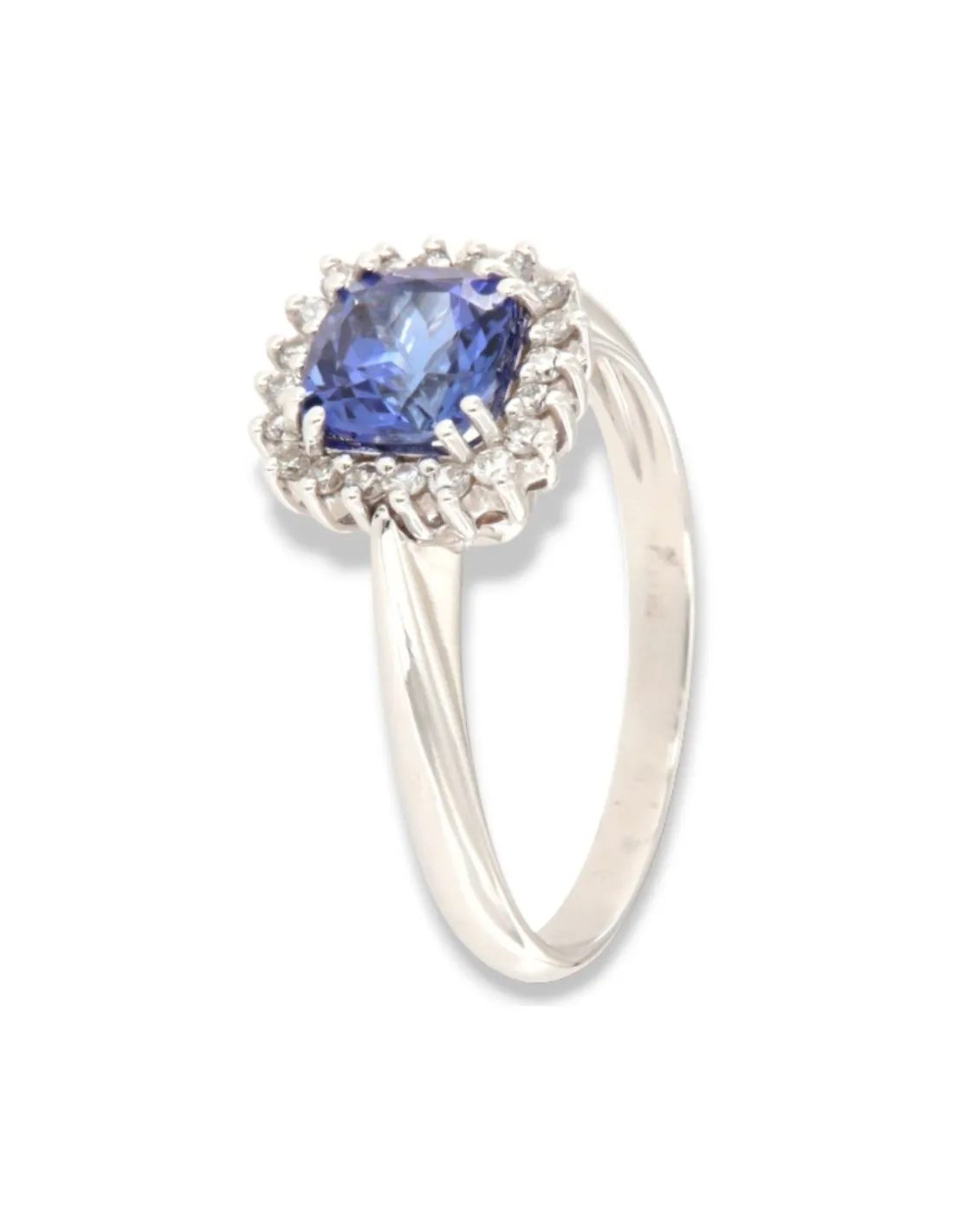 Anello Oro Bianco Principessa Tanzanite Taglio Cuscino 1,15 Diamanti 0,17