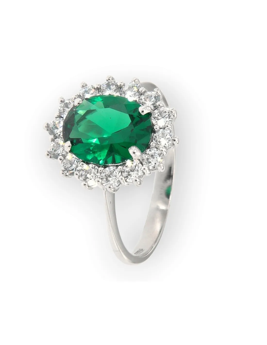 Anello Oro Bianco Principessa Zircone Verde 10x8MM