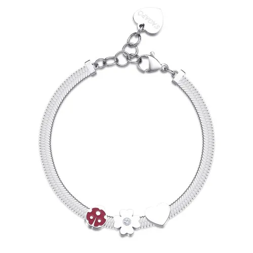 Bracciale catena snake con coccinella, fiore con cristallo e cuore.