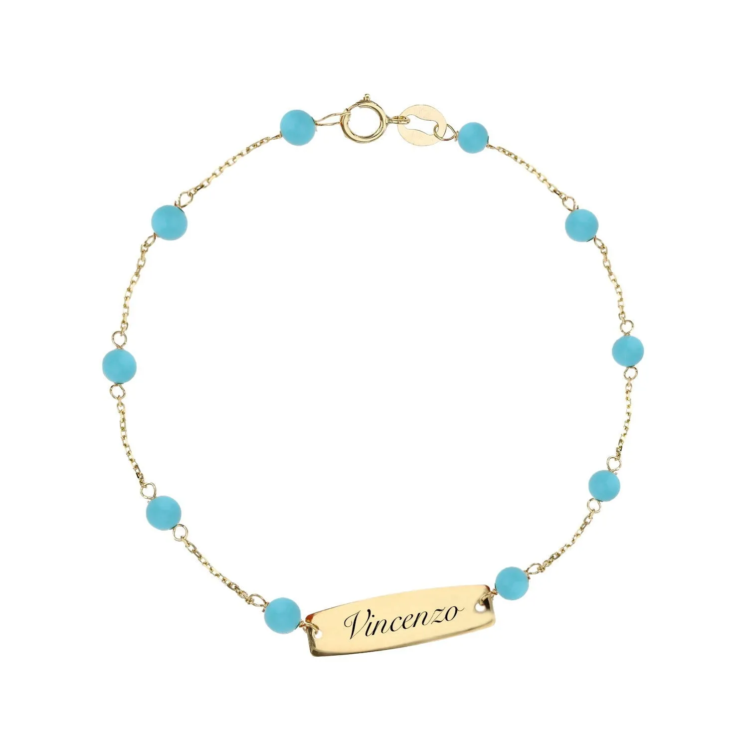 Bracciale con Nome Bimbo/a con perle turchesi in Oro 18Kt