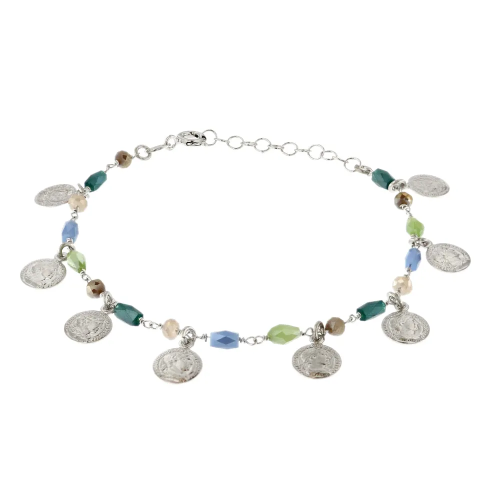 Bracciale con Monete e Pietre Verdi e Azzurre in Argento 925