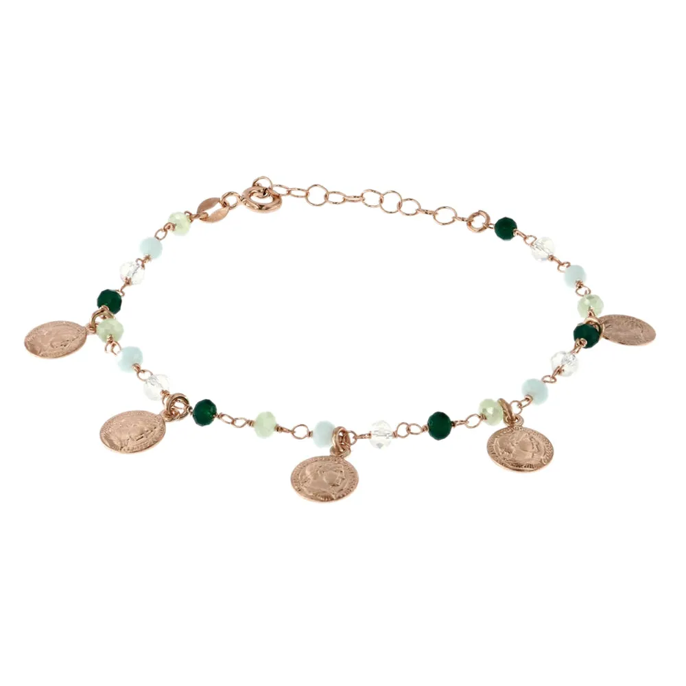 Bracciale con Monete e Pietre Verdi in Argento 925 Placcato Rosa