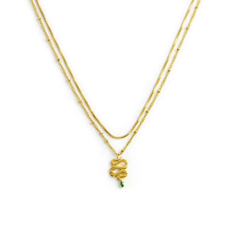 Collana doppia catena snake quadrata con serpente pendente
