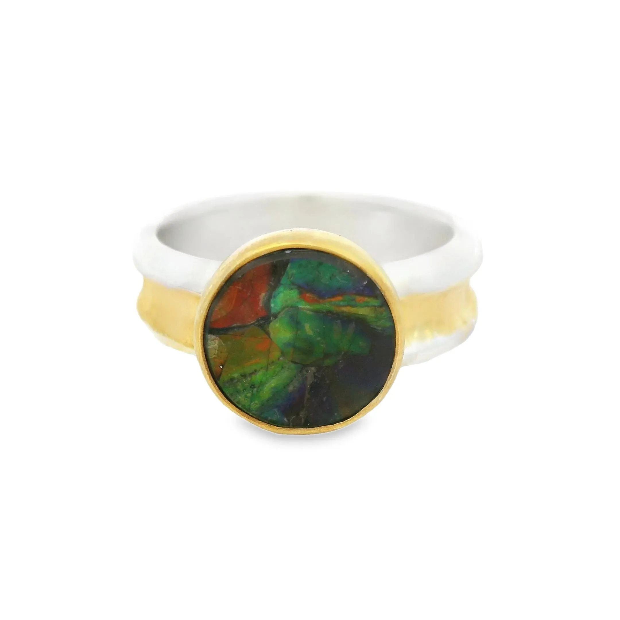 Ammolite, argento, argento annerito e argento placcato oro, misura 59